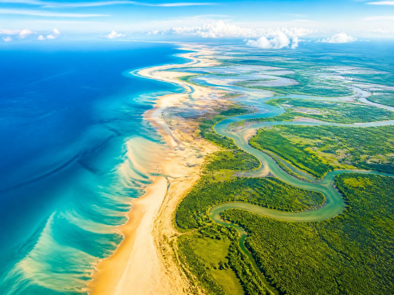 Aerial view of a sunlit coastline where ocean, sand and wetlands meet